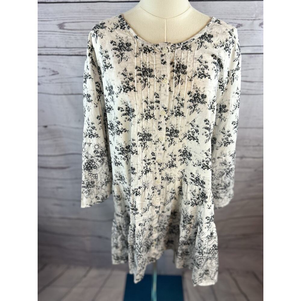 Ellos Babydoll Tunic Blouse Womens 1X White Black Floral 100% Cotton NWT - Picture 2 of 6